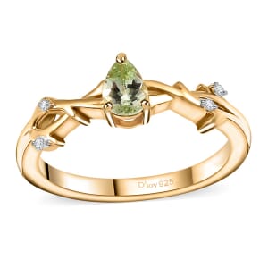 Brazilian Mint Garnet and White Zircon Branch Ring in 18K Vermeil Yellow Gold Over Sterling Silver (Size 5.0) 0.50 ctw