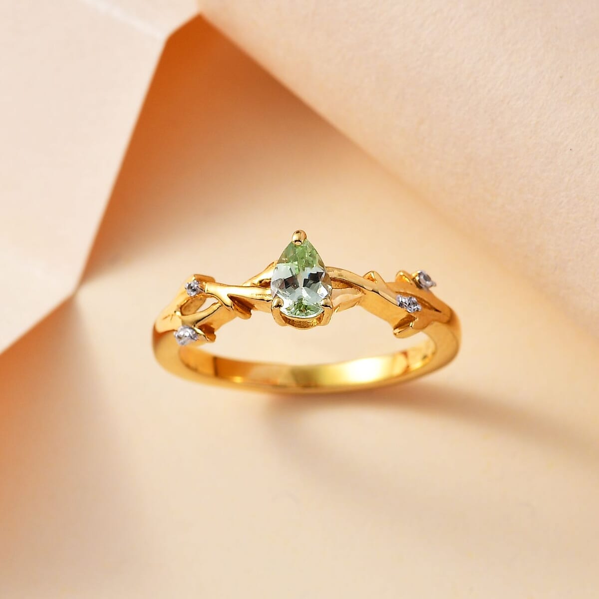 Brazilian Mint Garnet and White Zircon Branch Ring in 18K Vermeil Yellow Gold Over Sterling Silver (Size 5.0) 0.50 ctw image number 1