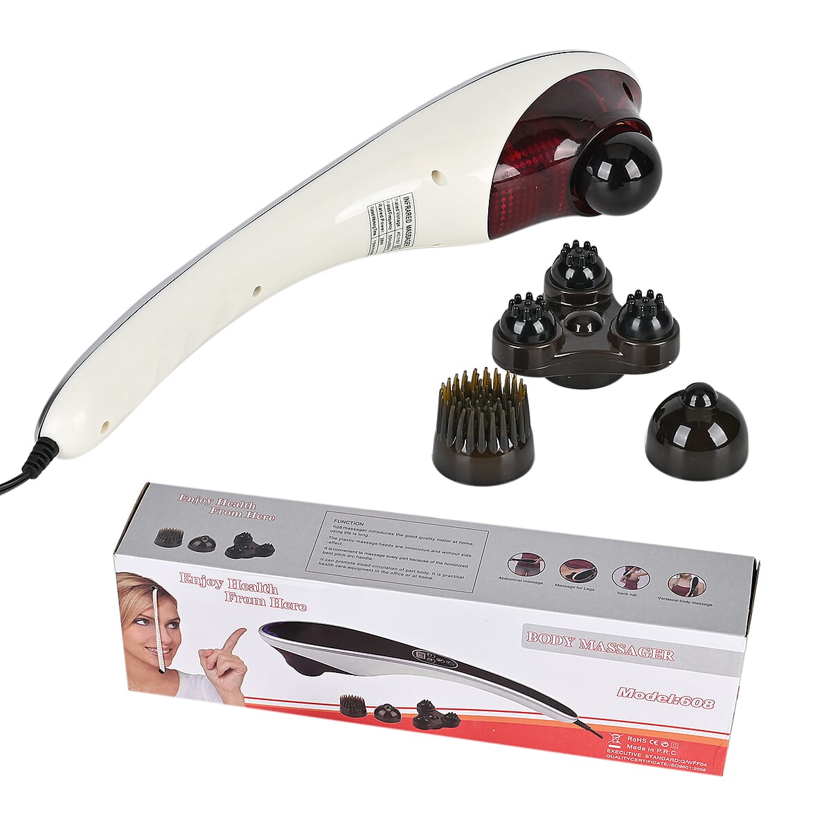 Red Handheld Body Massager - Including 4 Heads, 5 Massage Modes image number 8