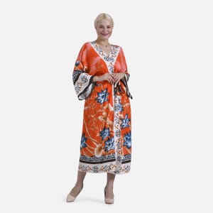 Tamsy Orange Flamingo Placement Print Bird Kimono - One Size Fits Most