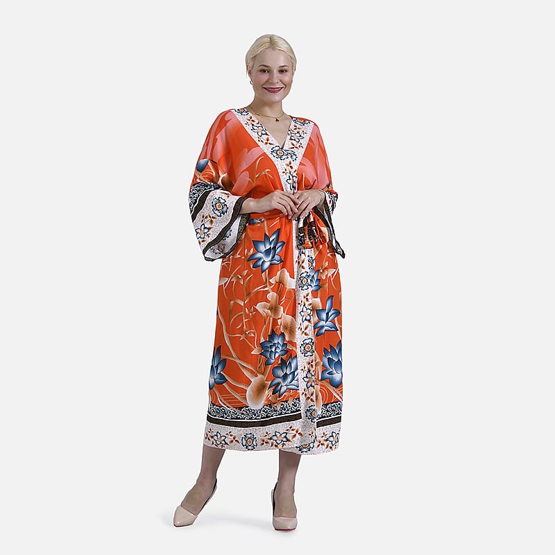 Tamsy Orange Flamingo Placement Print Bird Kimono - One Size Fits Most