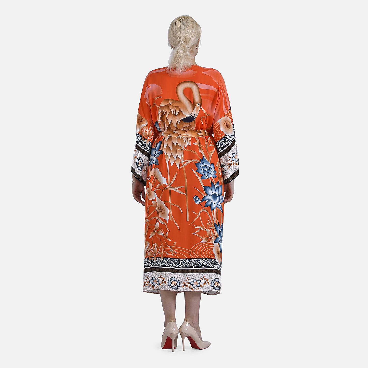 Tamsy Orange Flamingo Placement Print Bird Kimono - One Size Fits Most