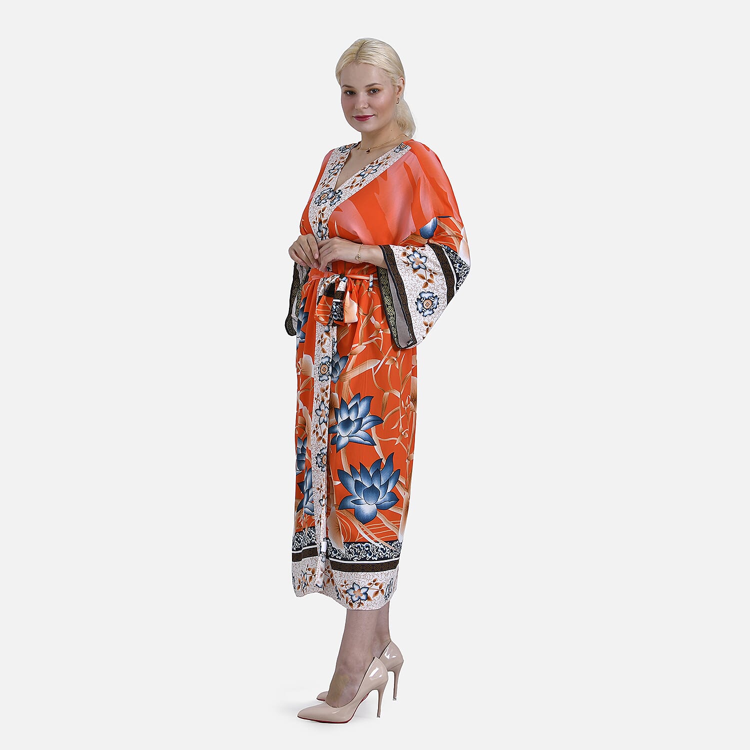 Tamsy Orange Flamingo Placement Print Bird Kimono - One Size Fits Most