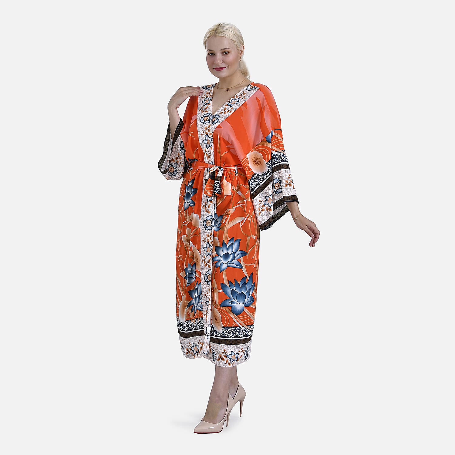 Tamsy Orange Flamingo Placement Print Bird Kimono - One Size Fits Most