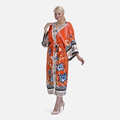 Tamsy Orange Flamingo Placement Print Bird Kimono - One Size Fits Most