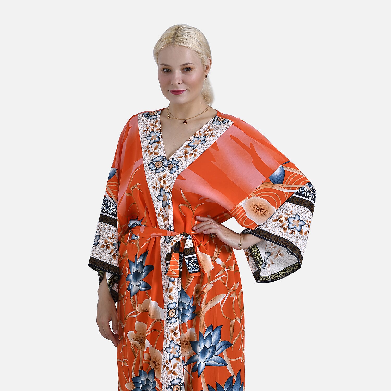 Tamsy Orange Flamingo Placement Print Bird Kimono - One Size Fits Most