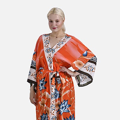 Tamsy Orange Flamingo Placement Print Bird Kimono - One Size Fits Most