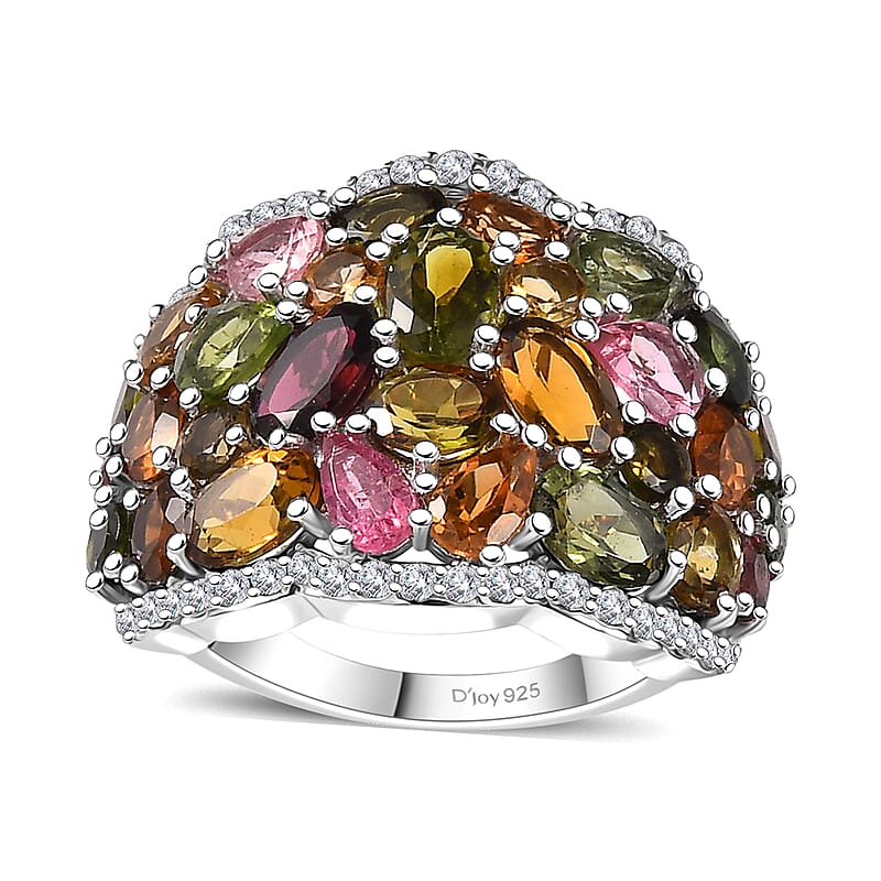 Multi-Tourmaline and White Zircon 9.00 ctw Ring in Platinum Over Sterling Silver (Size 7.0)