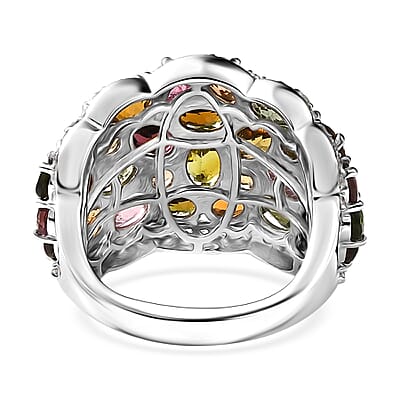 Multi-Tourmaline and White Zircon 9.00 ctw Ring in Platinum Over Sterling Silver (Size 7.0)