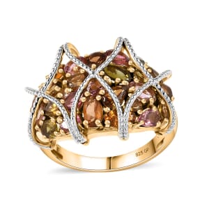 GP Royal Art Deco Collection Multi-Tourmaline Cluster Ring in 18K Vermeil Yellow Gold Over Sterling Silver (Size 5.0) 4.75 ctw