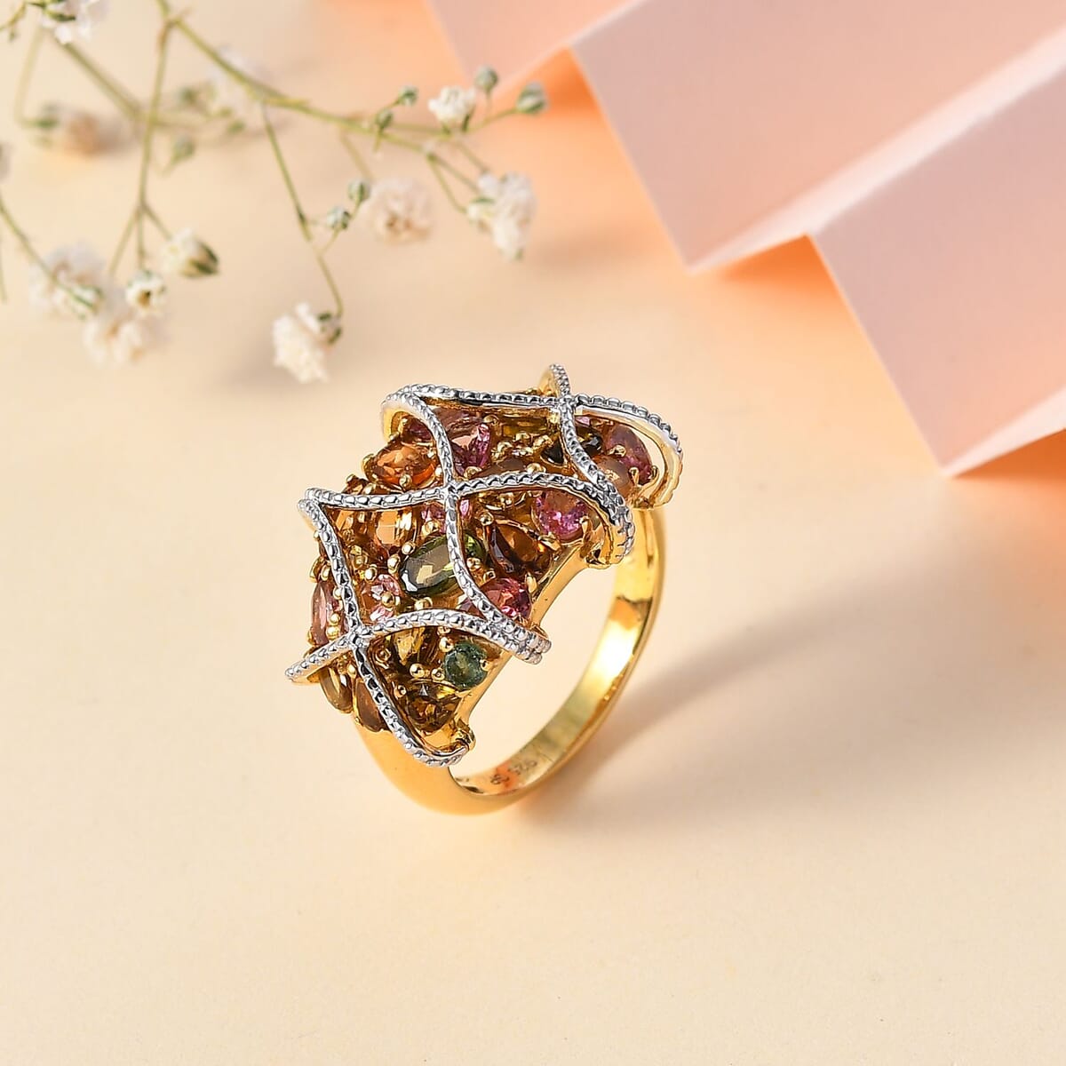 GP Royal Art Deco Collection Multi-Tourmaline Cluster Ring in 18K Vermeil Yellow Gold Over Sterling Silver (Size 5.0) 4.75 ctw image number 1