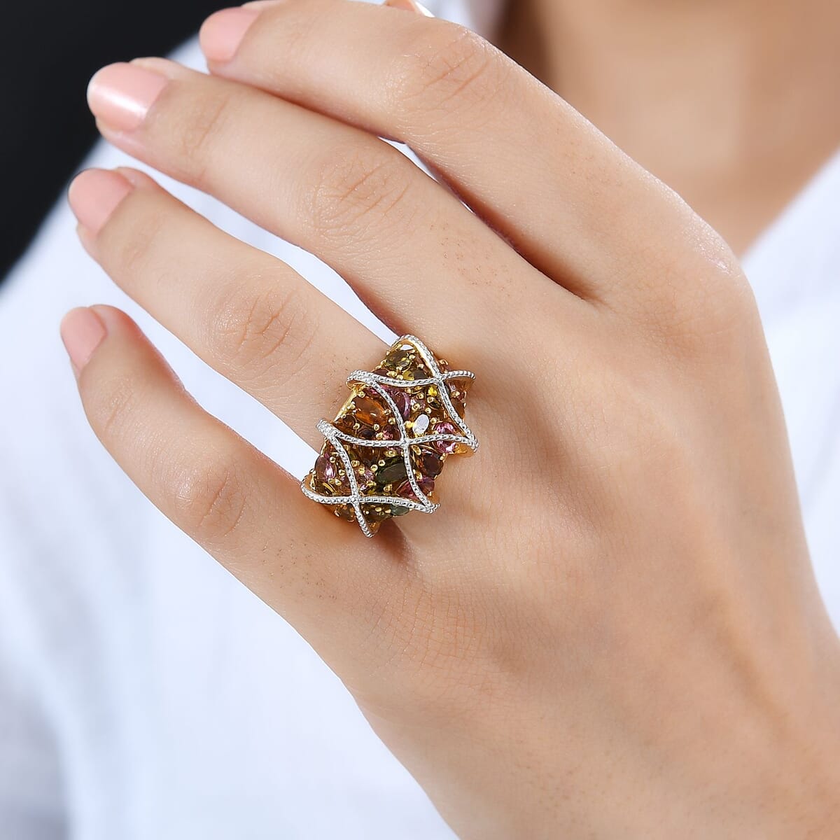 GP Royal Art Deco Collection Multi-Tourmaline Cluster Ring in 18K Vermeil Yellow Gold Over Sterling Silver (Size 5.0) 4.75 ctw image number 2