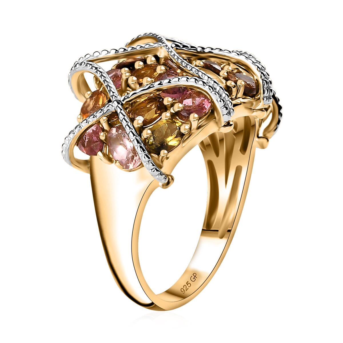 GP Royal Art Deco Collection Multi-Tourmaline Cluster Ring in 18K Vermeil Yellow Gold Over Sterling Silver (Size 5.0) 4.75 ctw image number 3