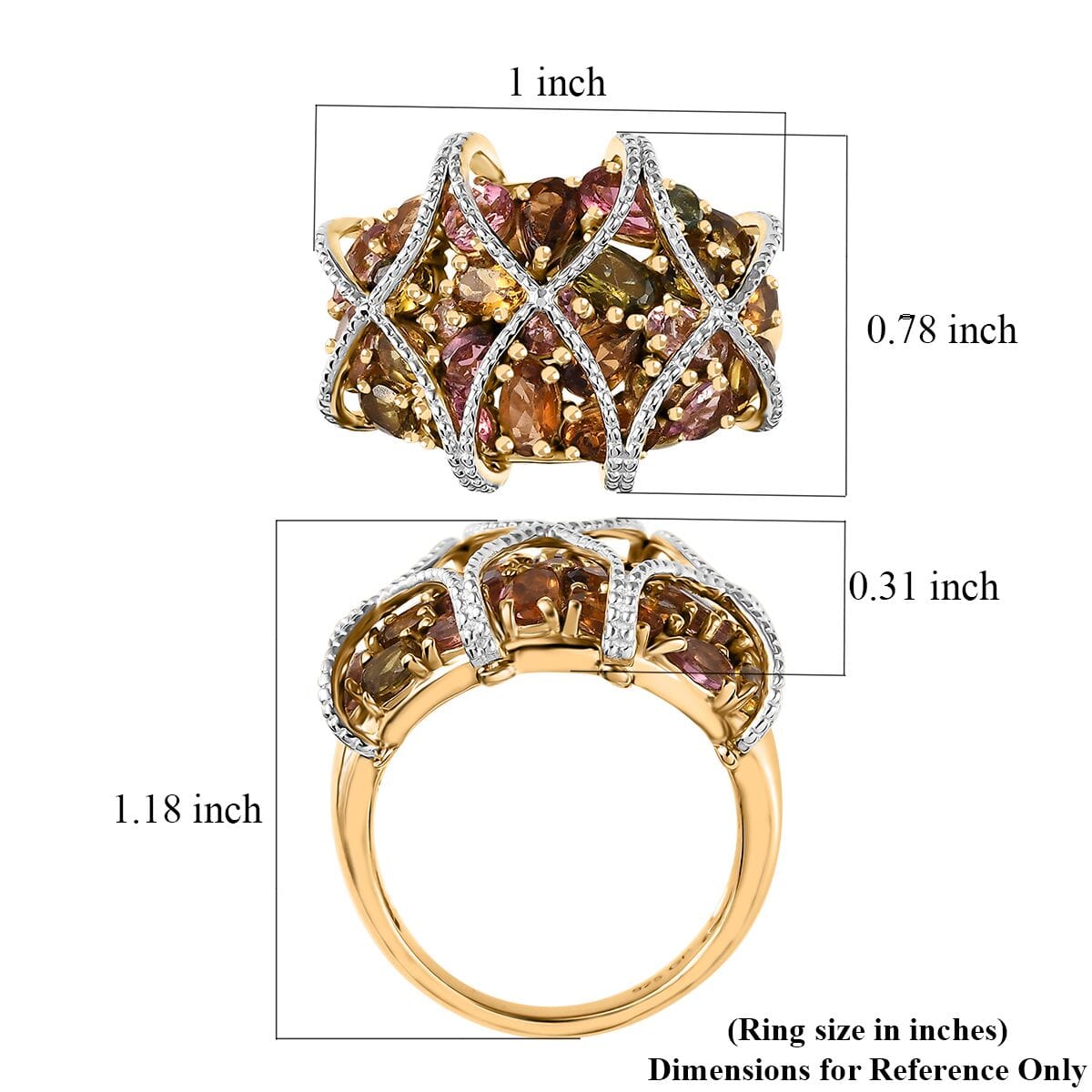 GP Royal Art Deco Collection Multi-Tourmaline Cluster Ring in 18K Vermeil Yellow Gold Over Sterling Silver (Size 5.0) 4.75 ctw image number 5