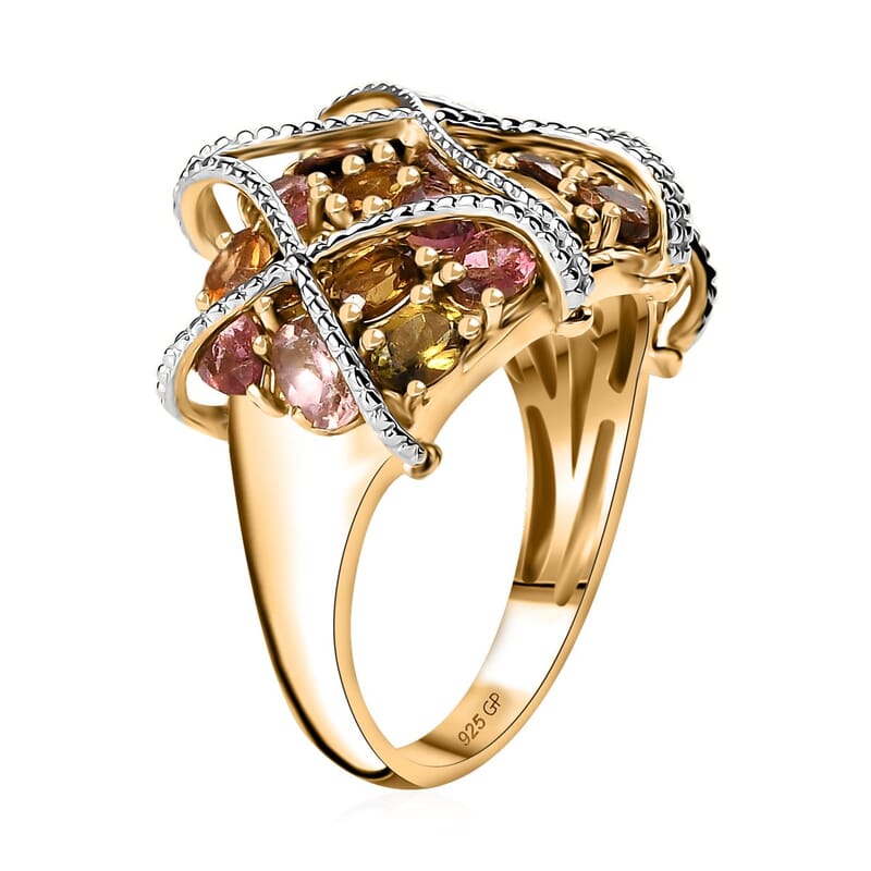 GP Royal Art Deco Collection Multi-Tourmaline Cluster Ring in 18K Vermeil Yellow Gold Over Sterling Silver (Size 8.0) 4.75 ctw