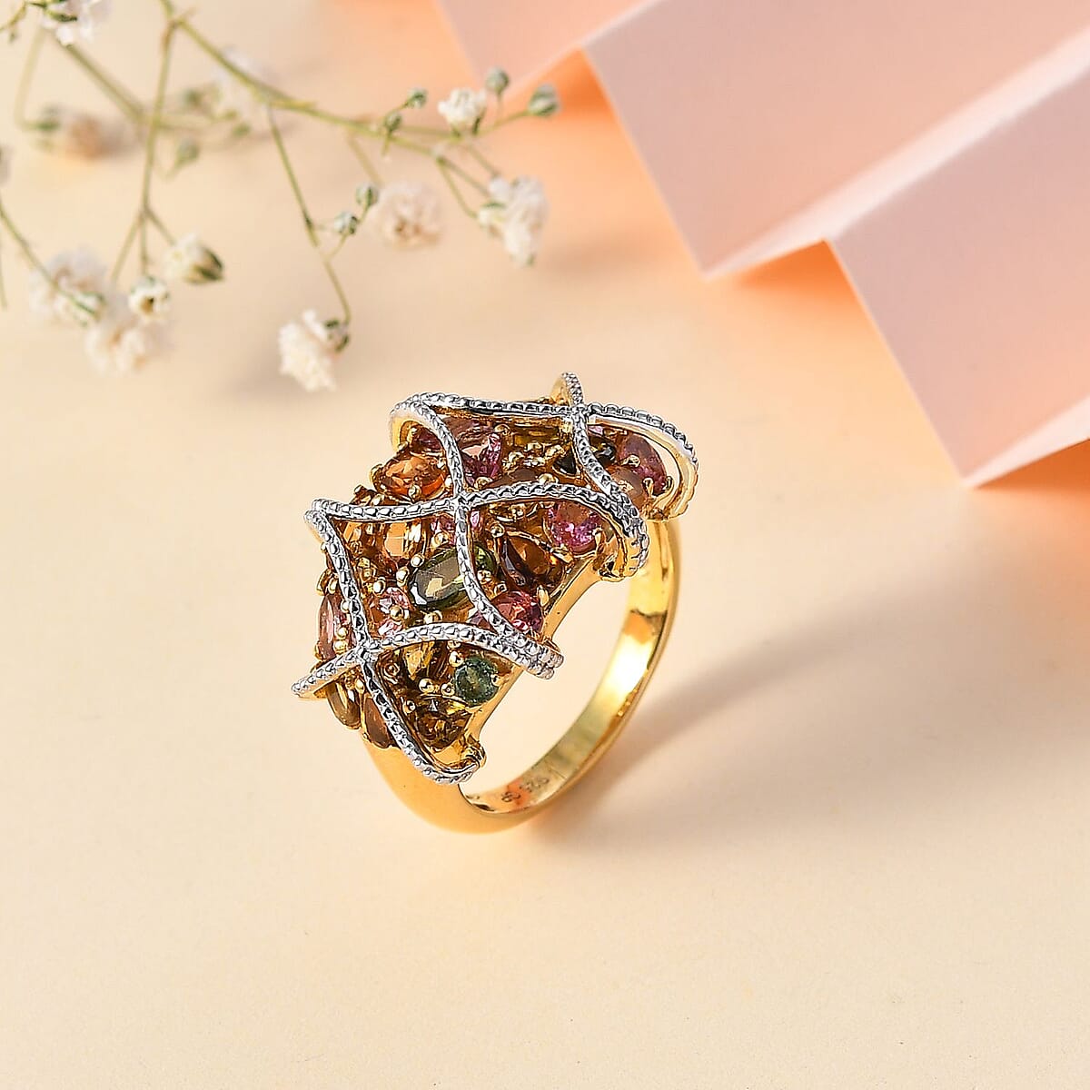 GP Royal Art Deco Collection Multi-Tourmaline Cluster Ring in 18K Vermeil YG Over Sterling Silver (Size 10.0) 4.75 ctw image number 1