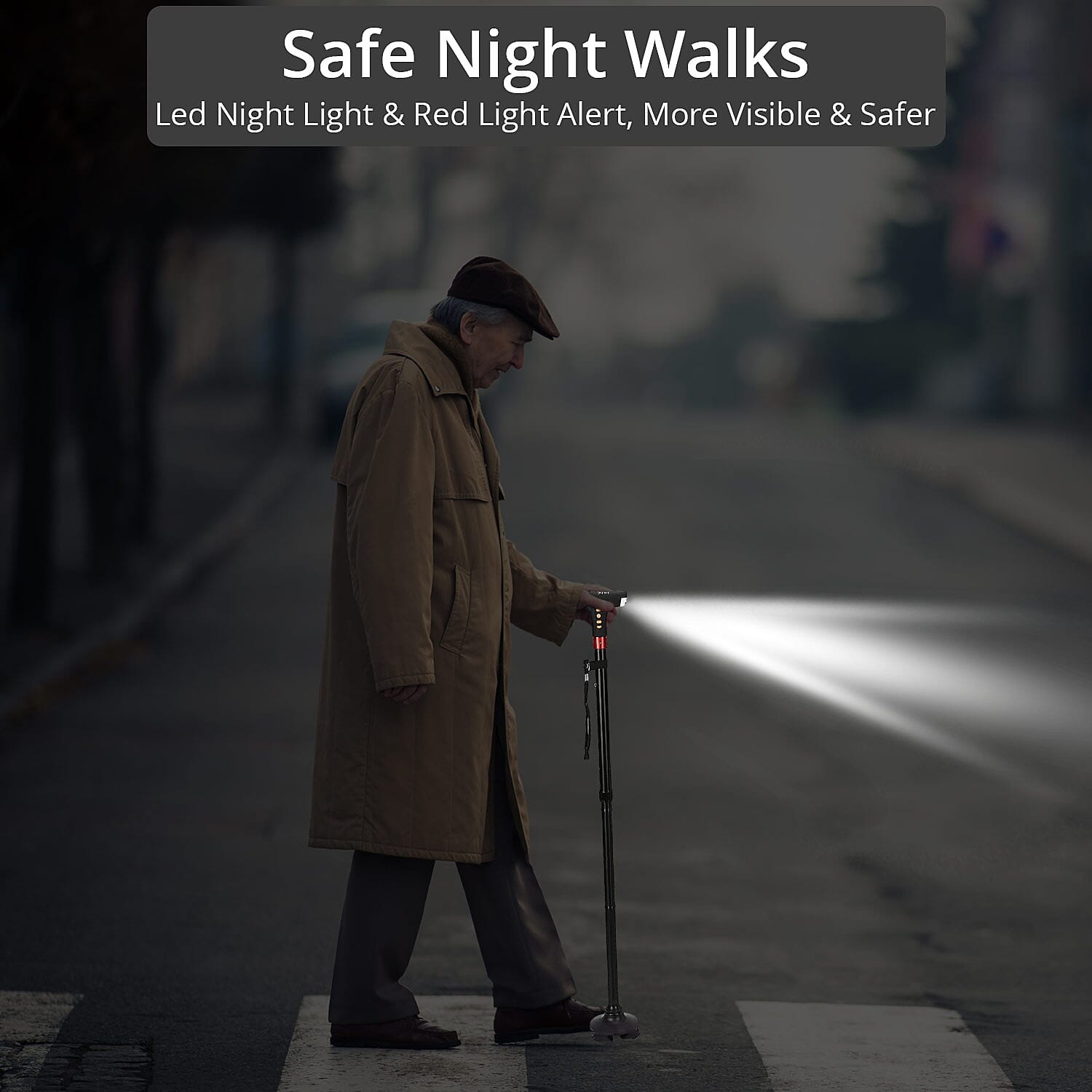 Soulsmart Black Foldable Walking Cane with Smart Bluetooth, LED Light, Alarm, FM Radio, Stable Base, Lightweight and Adjustable Stick