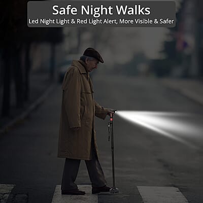 Soulsmart Black Foldable Walking Cane with Smart Bluetooth, LED Light, Alarm, FM Radio, Stable Base, Lightweight and Adjustable Stick