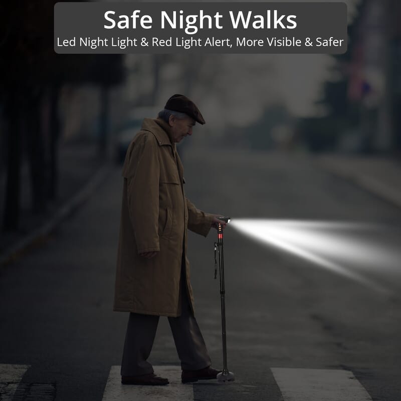 Soulsmart Black Foldable Walking Cane with Smart Bluetooth, LED Light, Alarm, FM Radio, Stable Base, Lightweight and Adjustable Stick