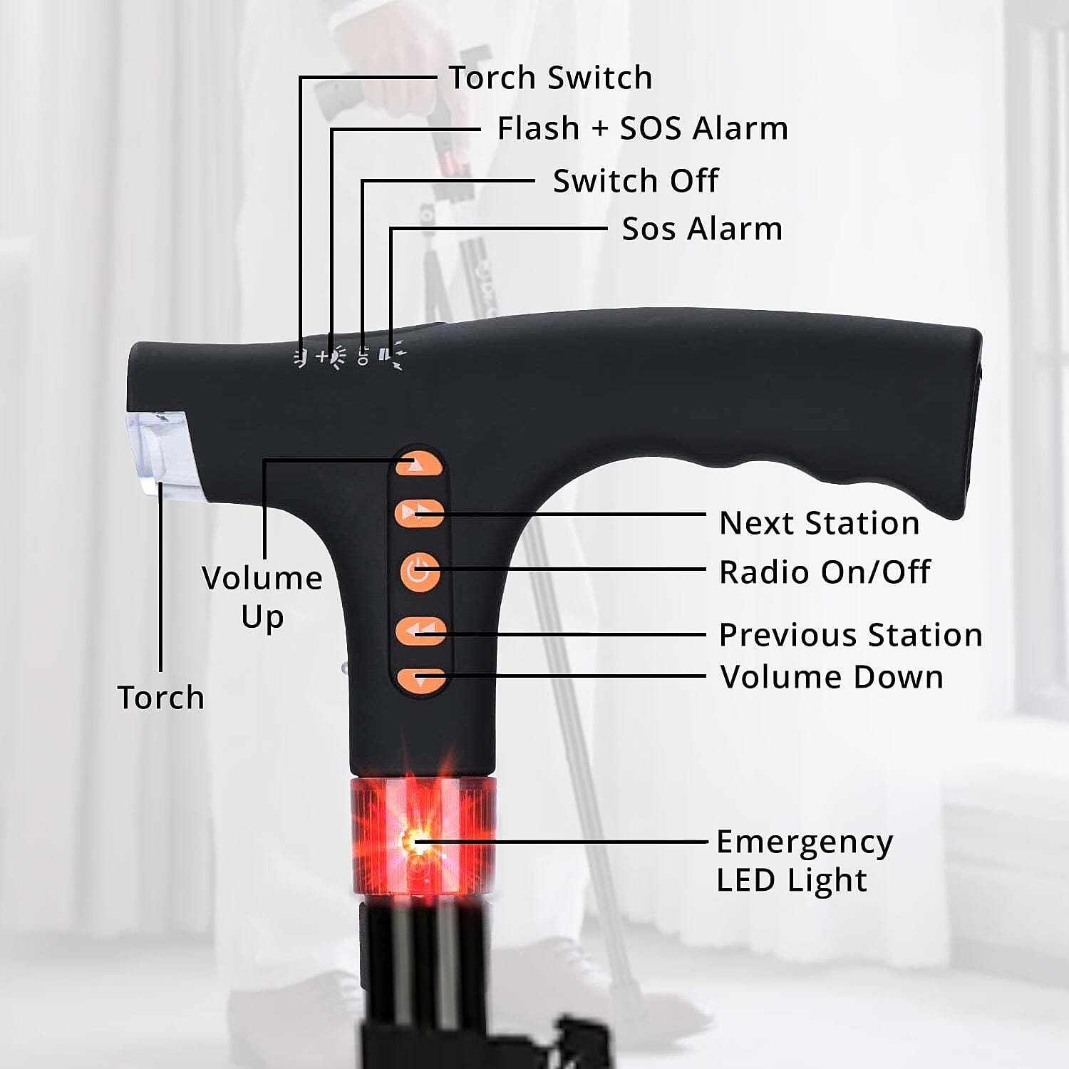 Soulsmart Black Foldable Walking Cane with Smart Bluetooth, LED Light, Alarm, FM Radio, Stable Base, Lightweight and Adjustable Stick
