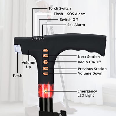 Soulsmart Black Foldable Walking Cane with Smart Bluetooth, LED Light, Alarm, FM Radio, Stable Base, Lightweight and Adjustable Stick