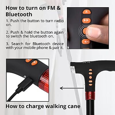 Soulsmart Black Foldable Walking Cane with Smart Bluetooth, LED Light, Alarm, FM Radio, Stable Base, Lightweight and Adjustable Stick