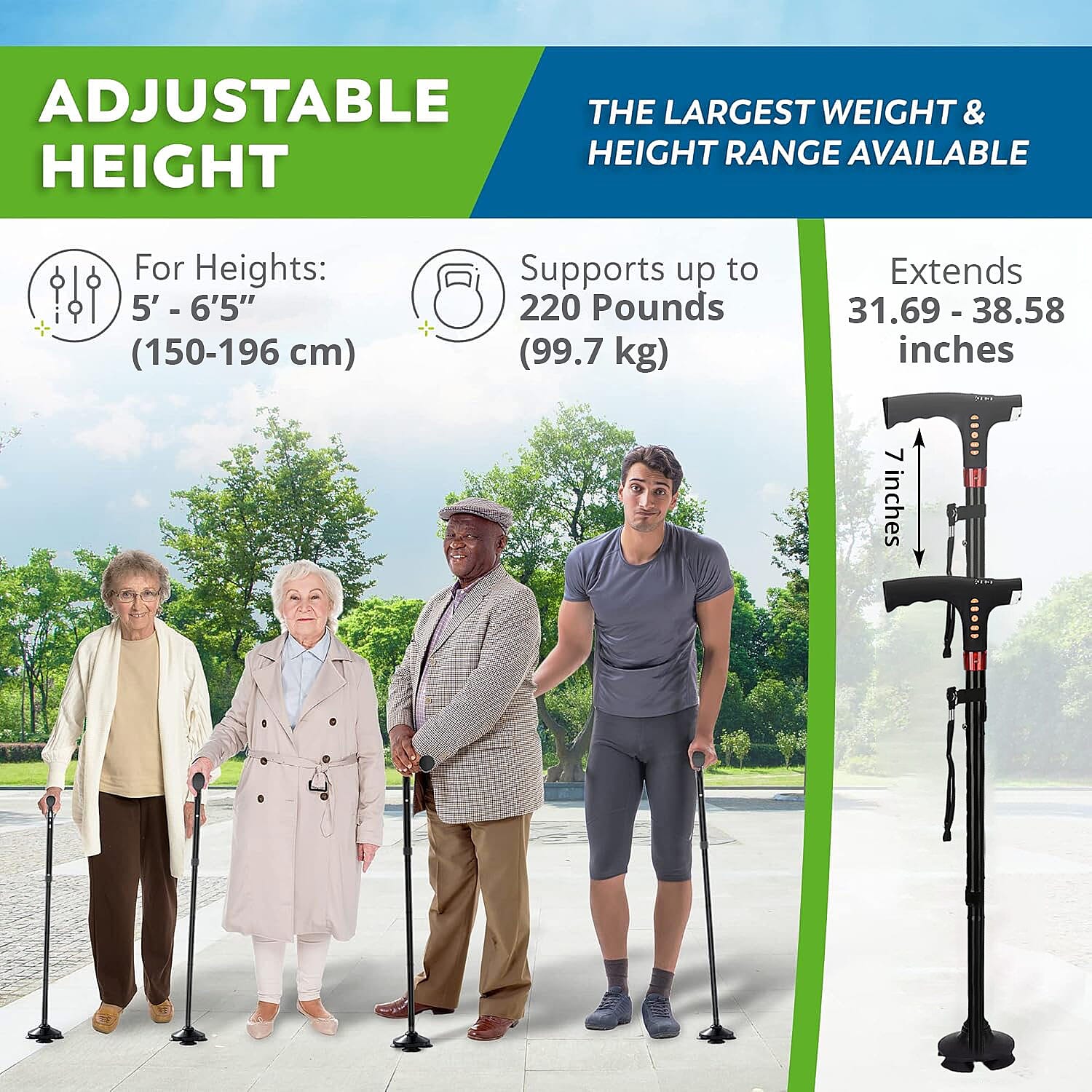 Soulsmart Black Foldable Walking Cane with Smart Bluetooth, LED Light, Alarm, FM Radio, Stable Base, Lightweight and Adjustable Stick