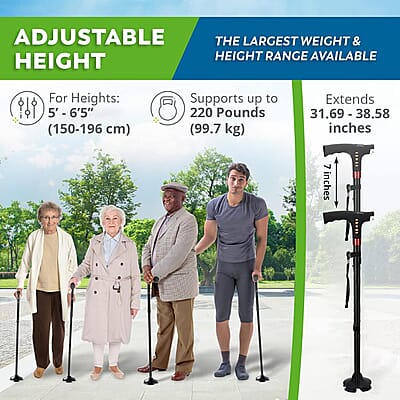 Soulsmart Black Foldable Walking Cane with Smart Bluetooth, LED Light, Alarm, FM Radio, Stable Base, Lightweight and Adjustable Stick