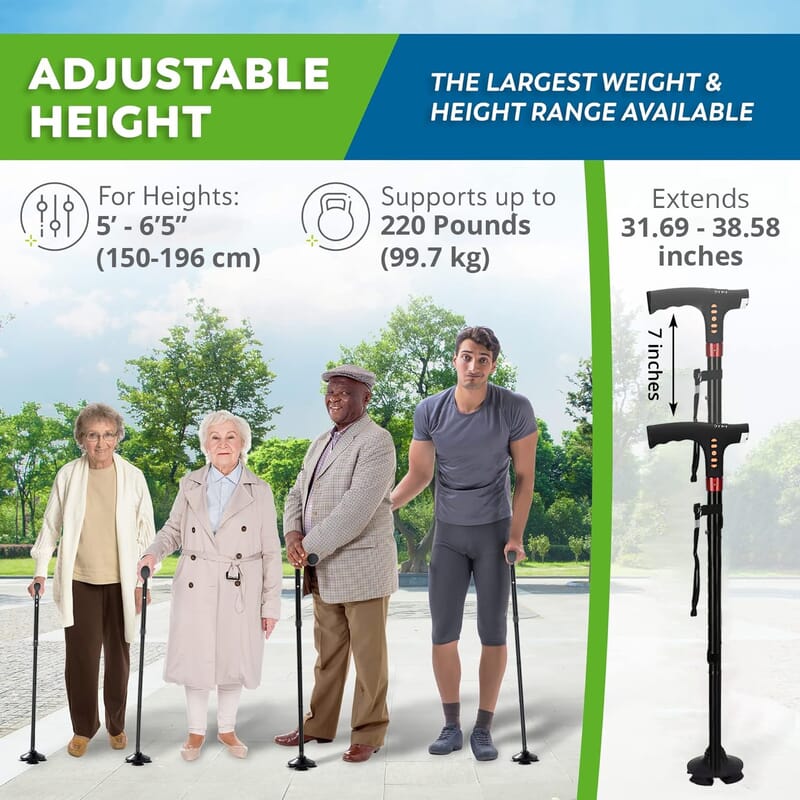 Soulsmart Black Foldable Walking Cane with Smart Bluetooth, LED Light, Alarm, FM Radio, Stable Base, Lightweight and Adjustable Stick