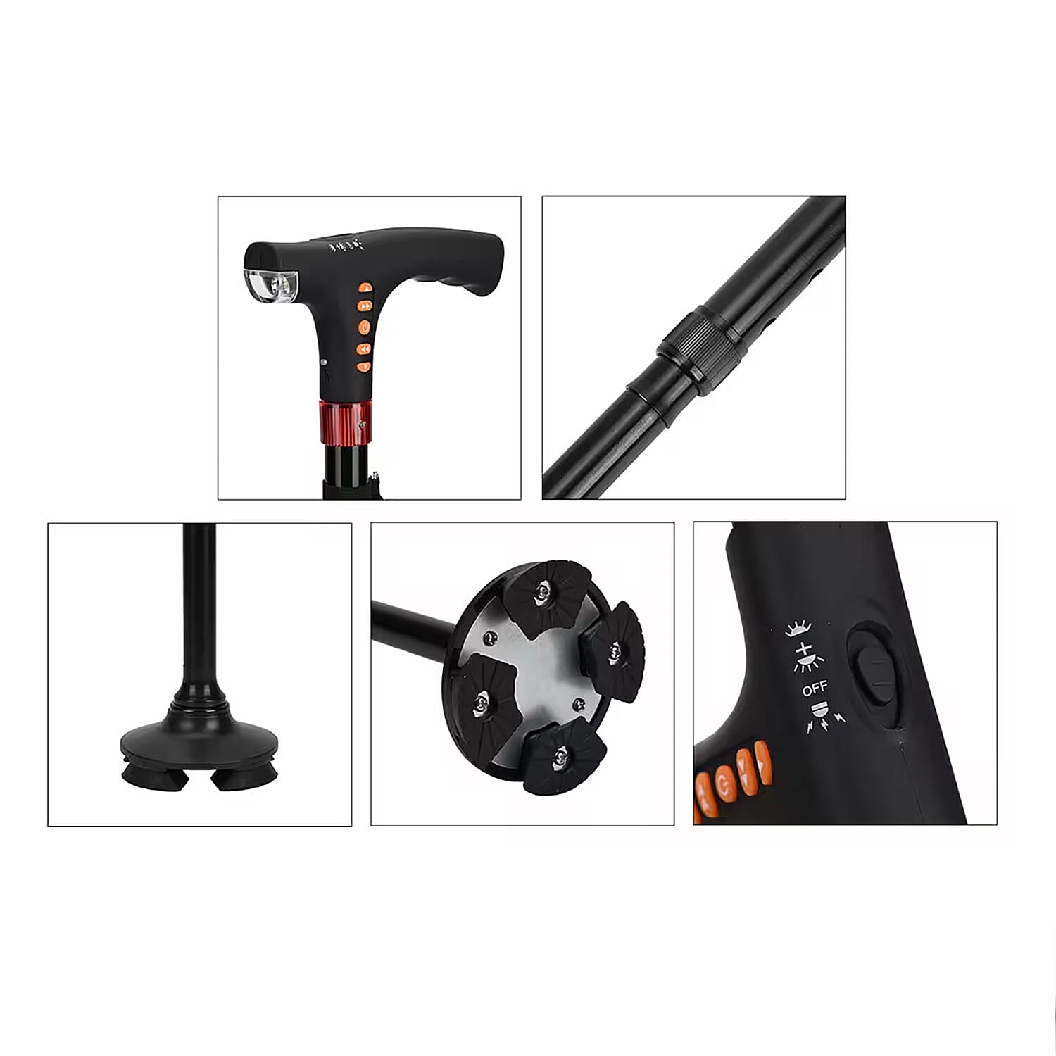 Soulsmart Black Foldable Walking Cane with Smart Bluetooth, LED Light, Alarm, FM Radio, Stable Base, Lightweight and Adjustable Stick