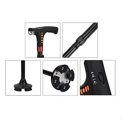 Soulsmart Black Foldable Walking Cane with Smart Bluetooth, LED Light, Alarm, FM Radio, Stable Base, Lightweight and Adjustable Stick