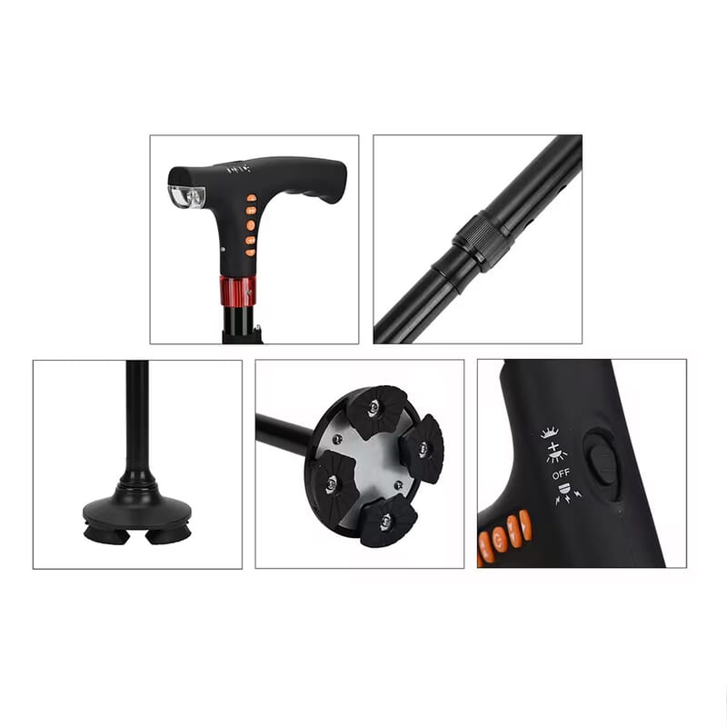 Soulsmart Black Foldable Walking Cane with Smart Bluetooth, LED Light, Alarm, FM Radio, Stable Base, Lightweight and Adjustable Stick