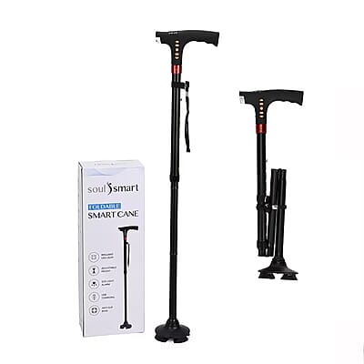 Soulsmart Black Foldable Walking Cane with Smart Bluetooth, LED Light, Alarm, FM Radio, Stable Base, Lightweight and Adjustable Stick