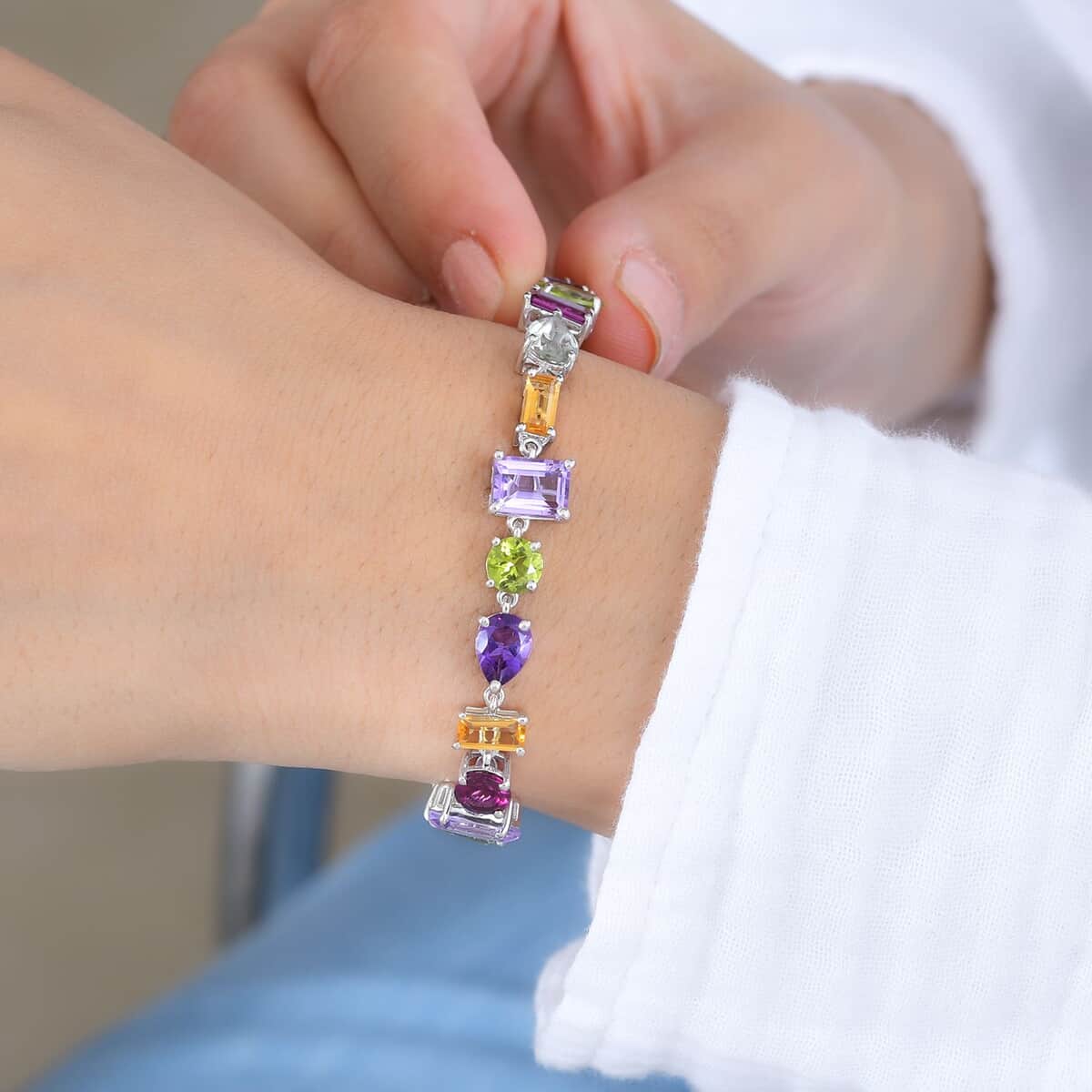 GP Art Deco Collection Multi Gemstone Bracelet in Rhodium Over Sterling Silver (6.50-8.50In) 18.30 ctw image number 2