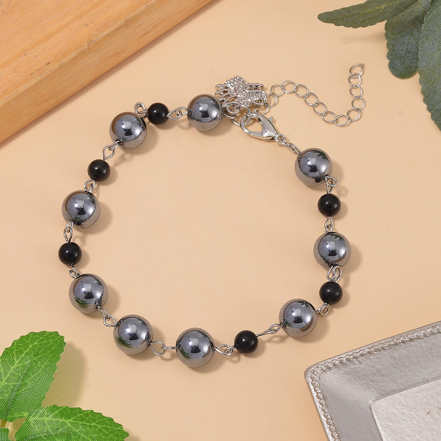 Terahertz and Shungite Beaded Anklet with Charm in Stainless Steel (9.50-11.50In) 75.00 ctw