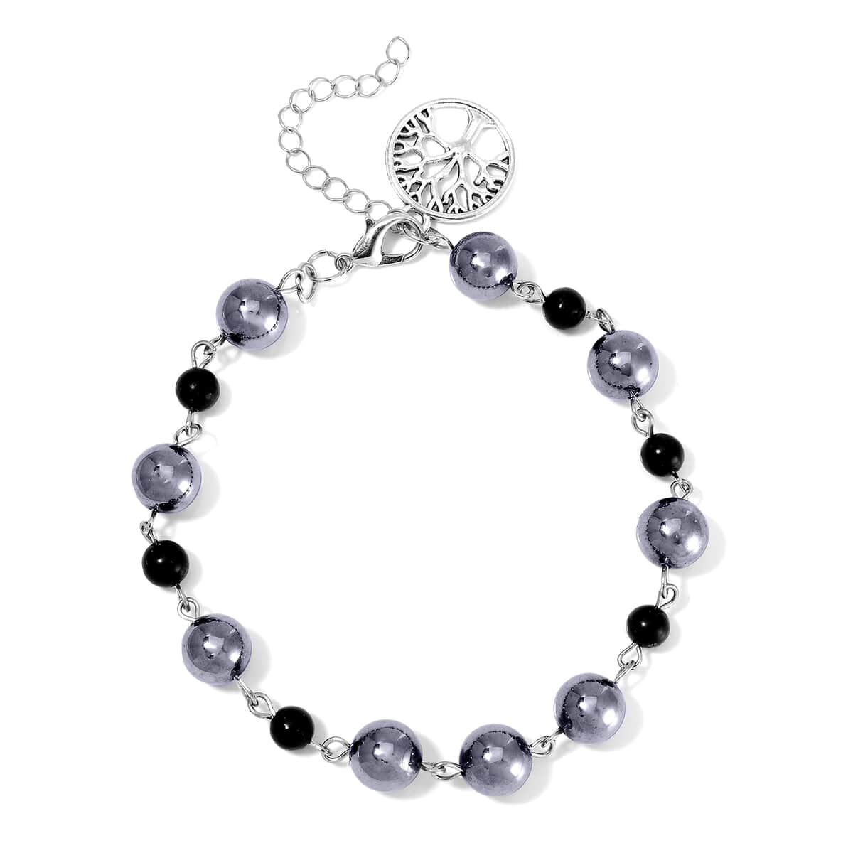 Terahertz and Shungite Beaded Anklet with Tree of Life Charm in Stainless Steel (9.50-11.50In) 75.00 ctw image number 0