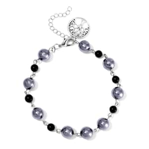 Terahertz and Shungite Beaded Anklet with Tree of Life Charm in Stainless Steel (9.50-11.50In) 75.00 ctw