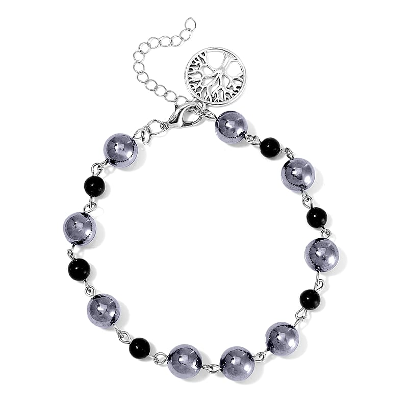 Terahertz and Shungite 75.00 ctw Beaded Anklet with Tree of Life Charm in Stainless Steel (9.50-11.50In)
