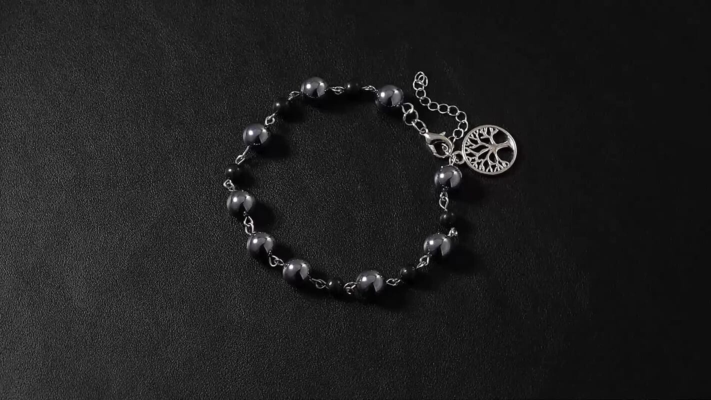 Terahertz and Shungite 75.00 ctw Beaded Anklet with Tree of Life Charm in Stainless Steel (9.50-11.50In)
