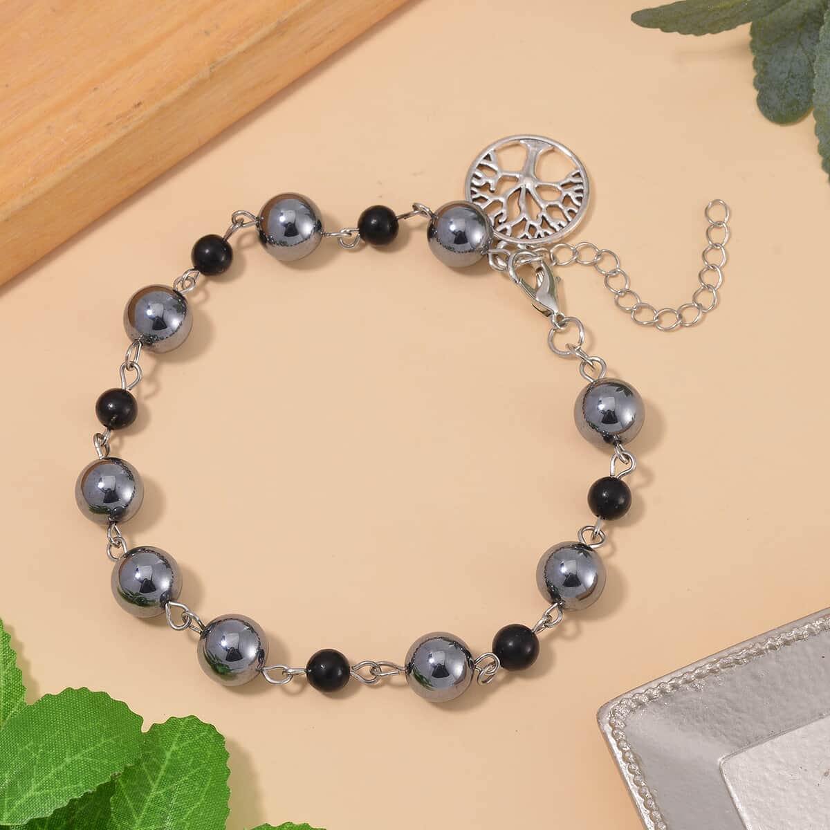 Terahertz and Shungite Beaded Anklet with Tree of Life Charm in Stainless Steel (9.50-11.50In) 75.00 ctw image number 1