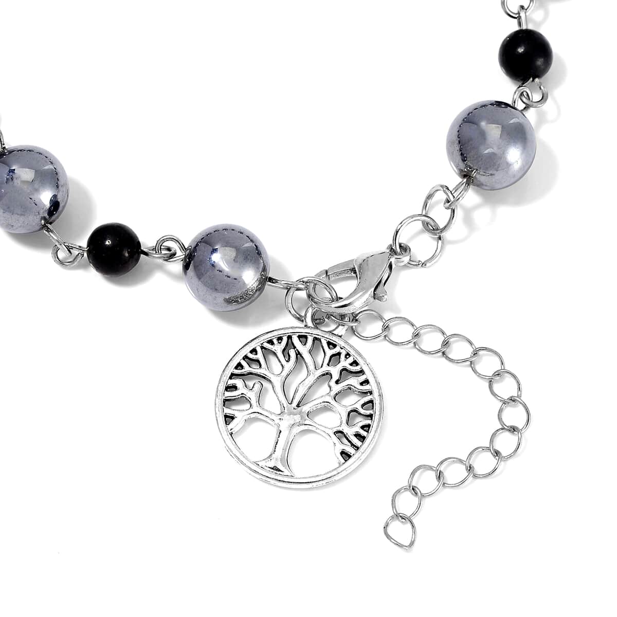 Terahertz and Shungite Beaded Anklet with Tree of Life Charm in Stainless Steel (9.50-11.50In) 75.00 ctw image number 3