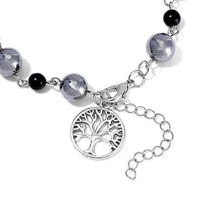 Terahertz and Shungite 75.00 ctw Beaded Anklet with Tree of Life Charm in Stainless Steel (9.50-11.50In)