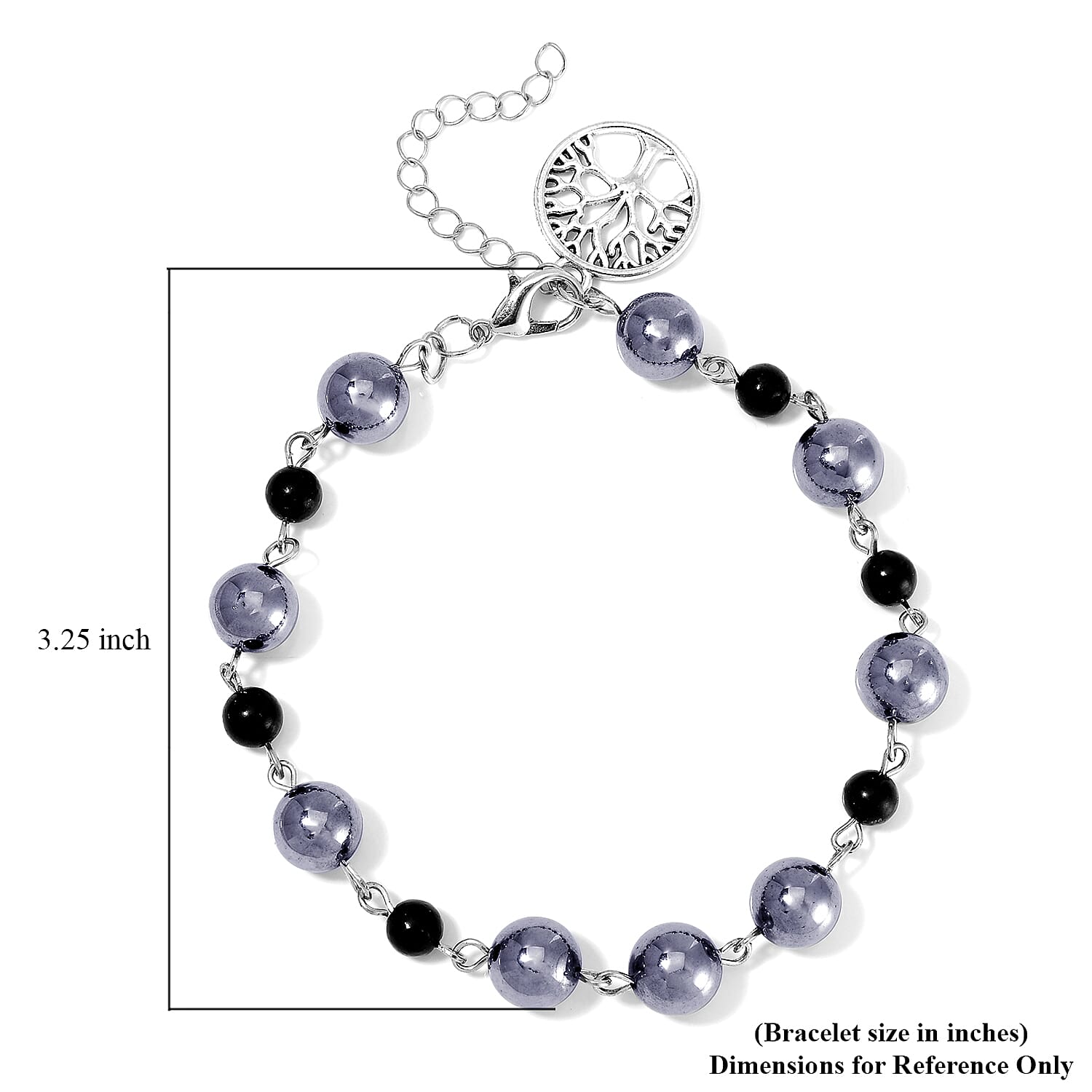 Terahertz and Shungite 75.00 ctw Beaded Anklet with Tree of Life Charm in Stainless Steel (9.50-11.50In)