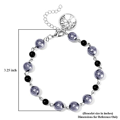 Terahertz and Shungite 75.00 ctw Beaded Anklet with Tree of Life Charm in Stainless Steel (9.50-11.50In)