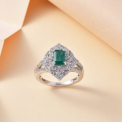 Premium Kagem Zambian Emerald and White Zircon Ring in Rhodium Over Sterling Silver (Size 7.0) 1.75 ctw