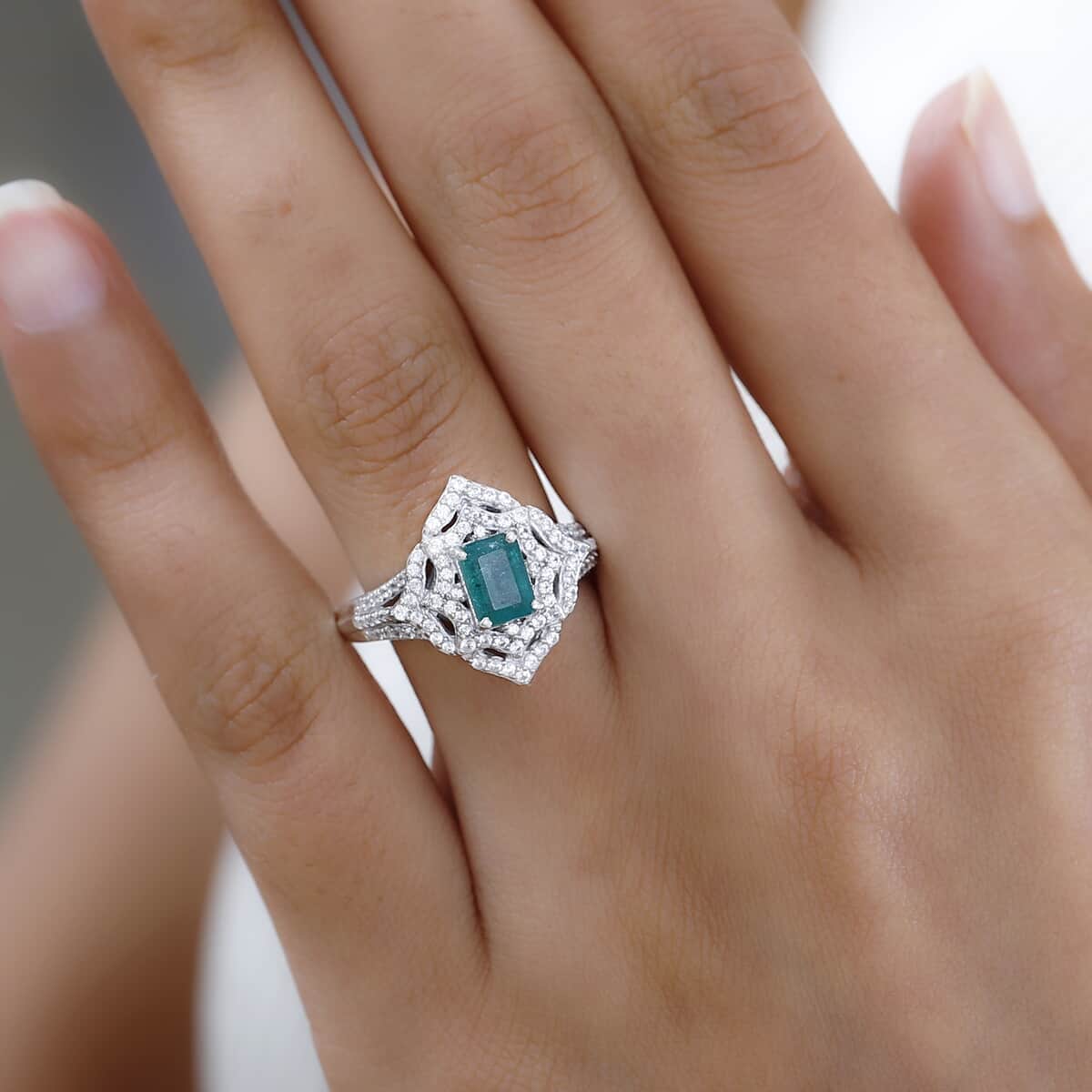 Premium Kagem Zambian Emerald and White Zircon Ring in Rhodium Over Sterling Silver (Size 7.0) 1.75 ctw image number 2