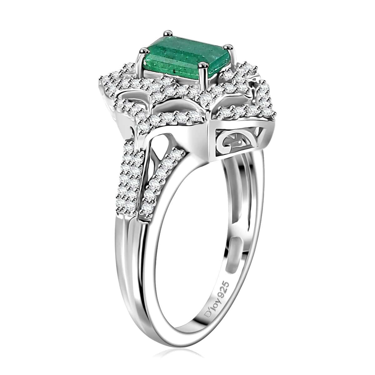 TLV Premium Kagem Zambian Emerald, White Zircon Ring in Platinum Over Sterling Silver (Size 7.0) 1.75 ctw image number 3