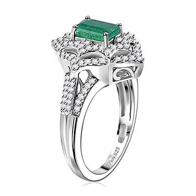 Premium Kagem Zambian Emerald and White Zircon Ring in Rhodium Over Sterling Silver (Size 7.0) 1.75 ctw