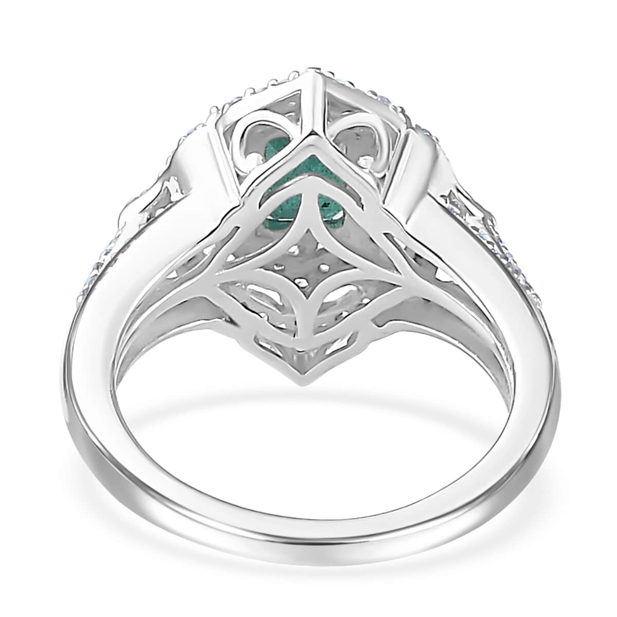 Premium Kagem Zambian Emerald and White Zircon Ring in Rhodium Over Sterling Silver (Size 7.0) 1.75 ctw image number 4