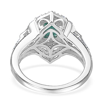 Premium Kagem Zambian Emerald and White Zircon Ring in Rhodium Over Sterling Silver (Size 7.0) 1.75 ctw